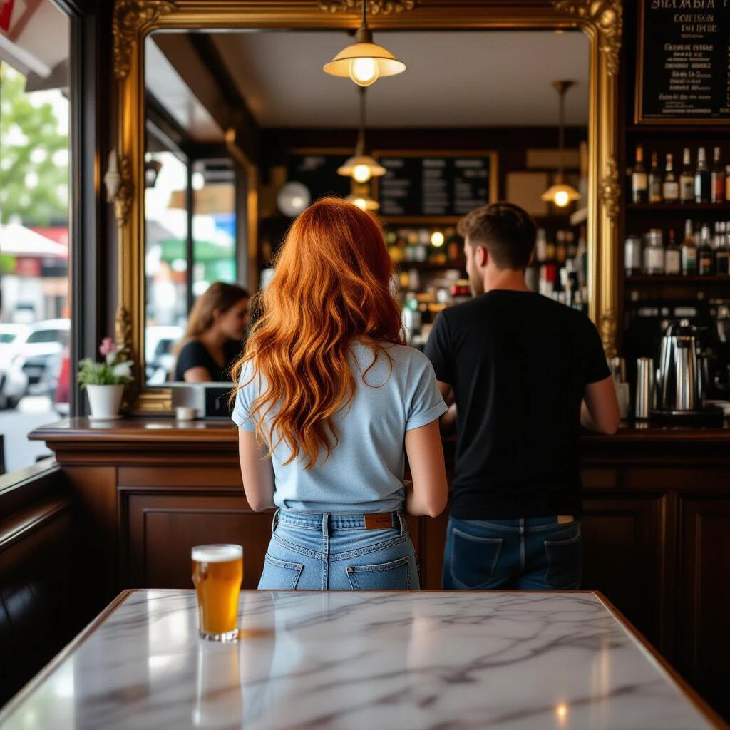 Image captures a young adult red-haired woman and a Swedish bartender at a bar in downtown Madrid. The bar features classic decor and warm lighting. The woman is wearing a light-blue t-shirt with denim shorts and brown ankle boots. She stands with her back to the camera, leaning against the bar counter. The bartender is on the other side serving a drink. A large mirror is positioned centrally behind the bar.