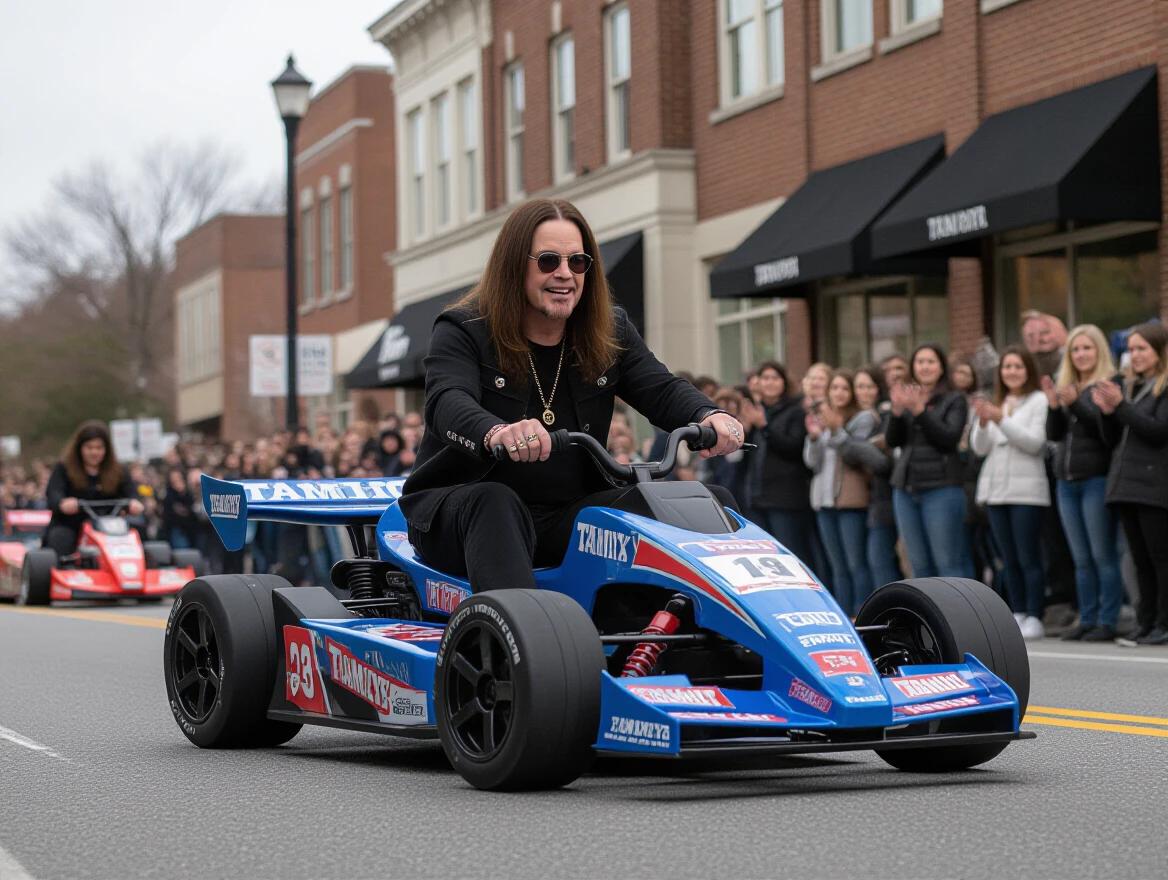 Photo depicts Ozzy Osbourne riding a human-sized Tamiya racing toy on the street. A crowd gathers around him watching the event. The go-kart is colorful and eye-catching. Natural daylight brightens the scene. People are cheering and taking photographs.