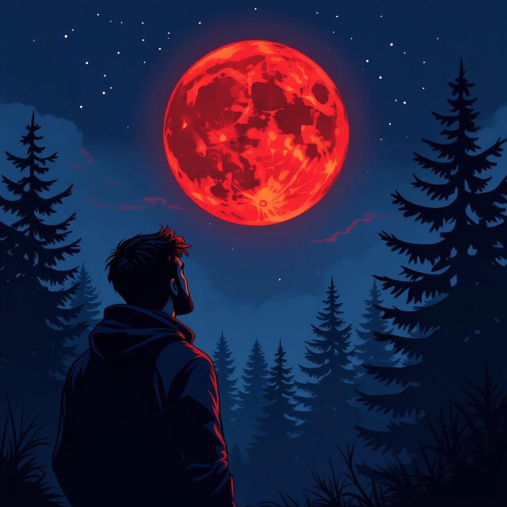 A man gazes upward at a large red moon. The scene is set in a dark pine forest surrounded by tall trees. The atmosphere is mysterious and evokes fear. The moon is bright and dominates the night sky. The style has a comic book aesthetic.