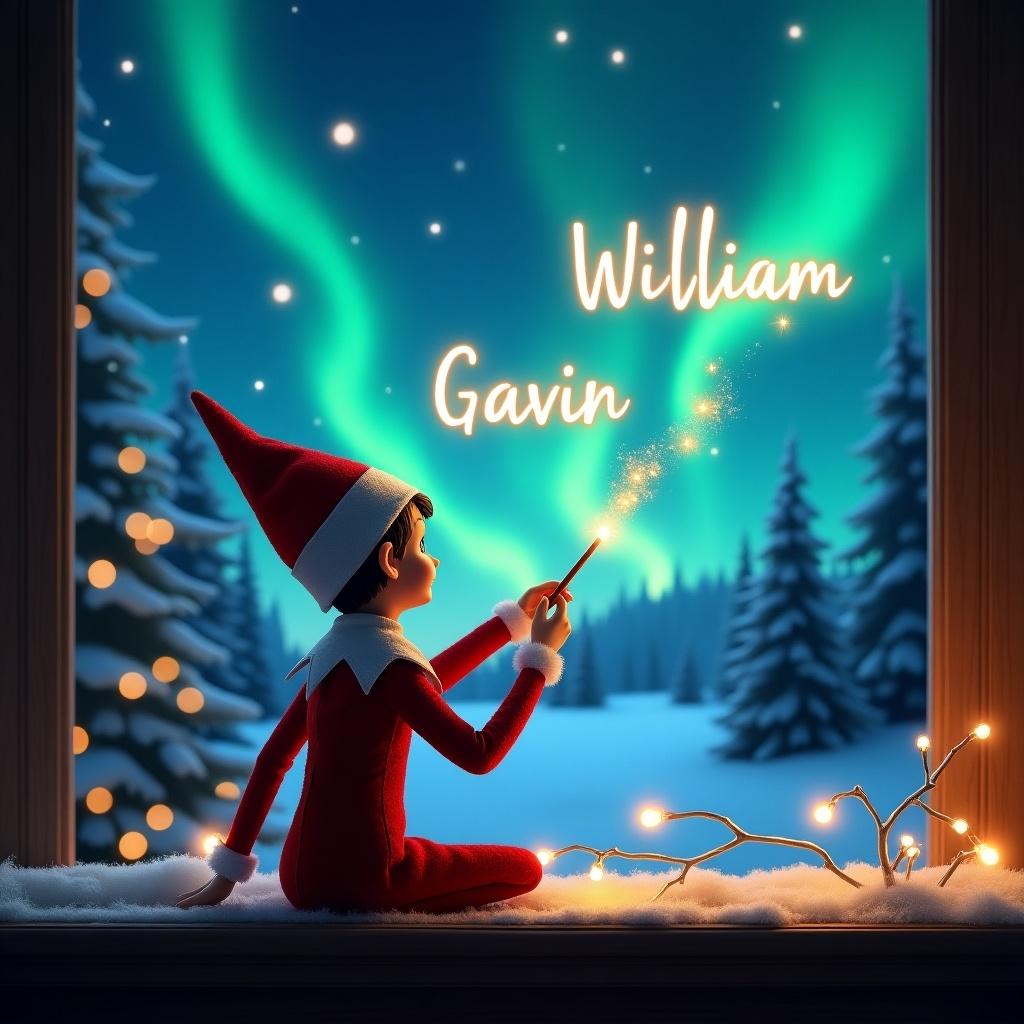 The image features an elf on the shelf, sitting with its back to the viewer, gazing up into a vibrant night sky filled with northern lights. The elf is using a magic wand to elegantly write the names 'Danica', 'Gavin', and 'William' in the shimmering sky. The background depicts a serene winter landscape with snow-covered trees, enhancing the magical Christmas theme. Soft lights from the elf and surrounding decor add a warm glow to the scene. This enchanting illustration captures the spirit of the holiday season beautifully.