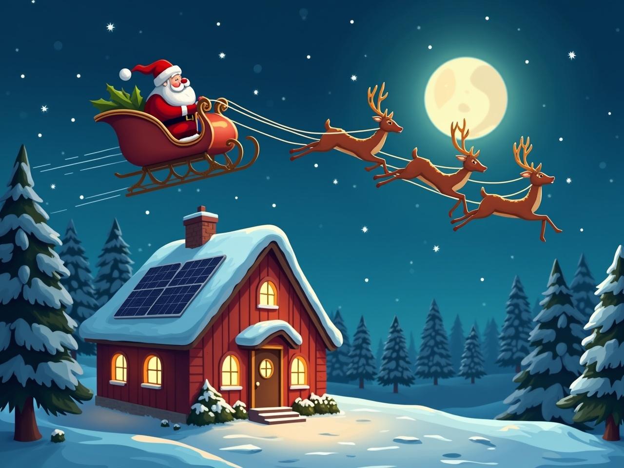 Santa in a sleigh with reindeers flying over a brightly lit house decorated with Christmas lights. House has solar panels. Cartoon style.