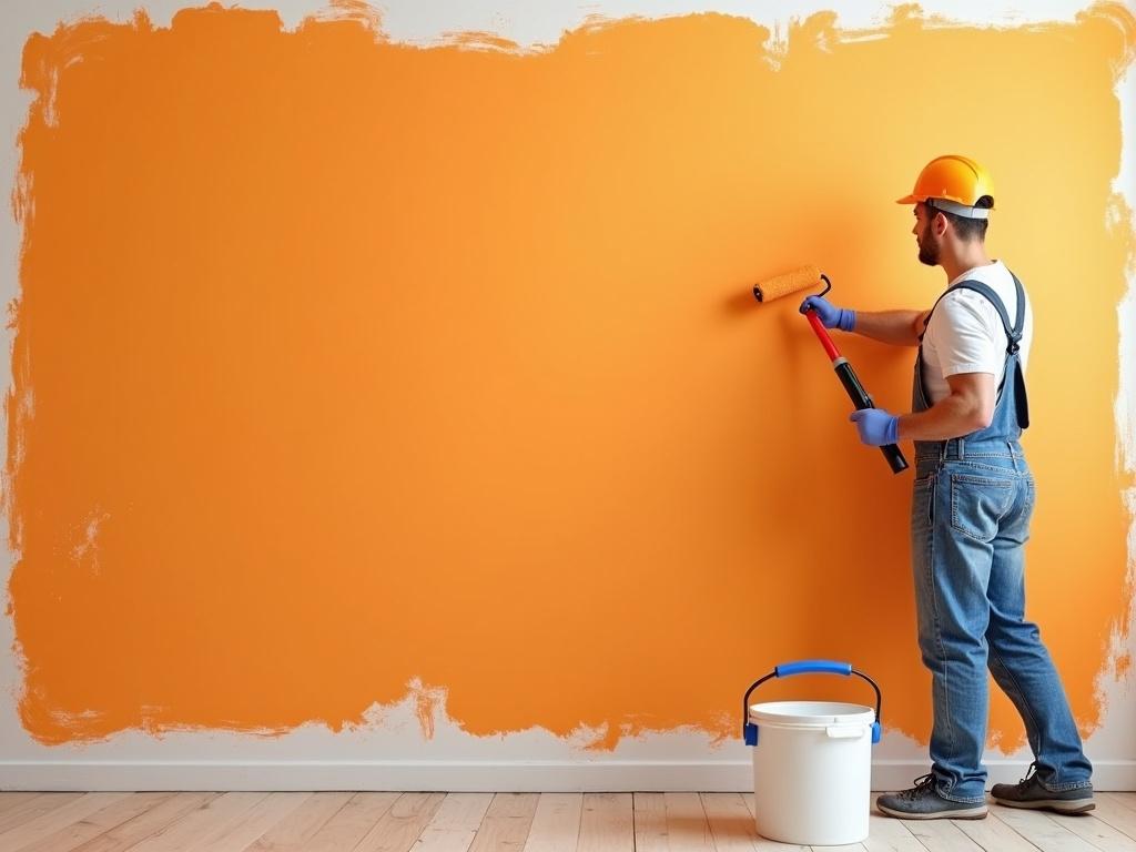 Worker in blue overalls painting an orange wall. Roller brush being used. White space available for text.