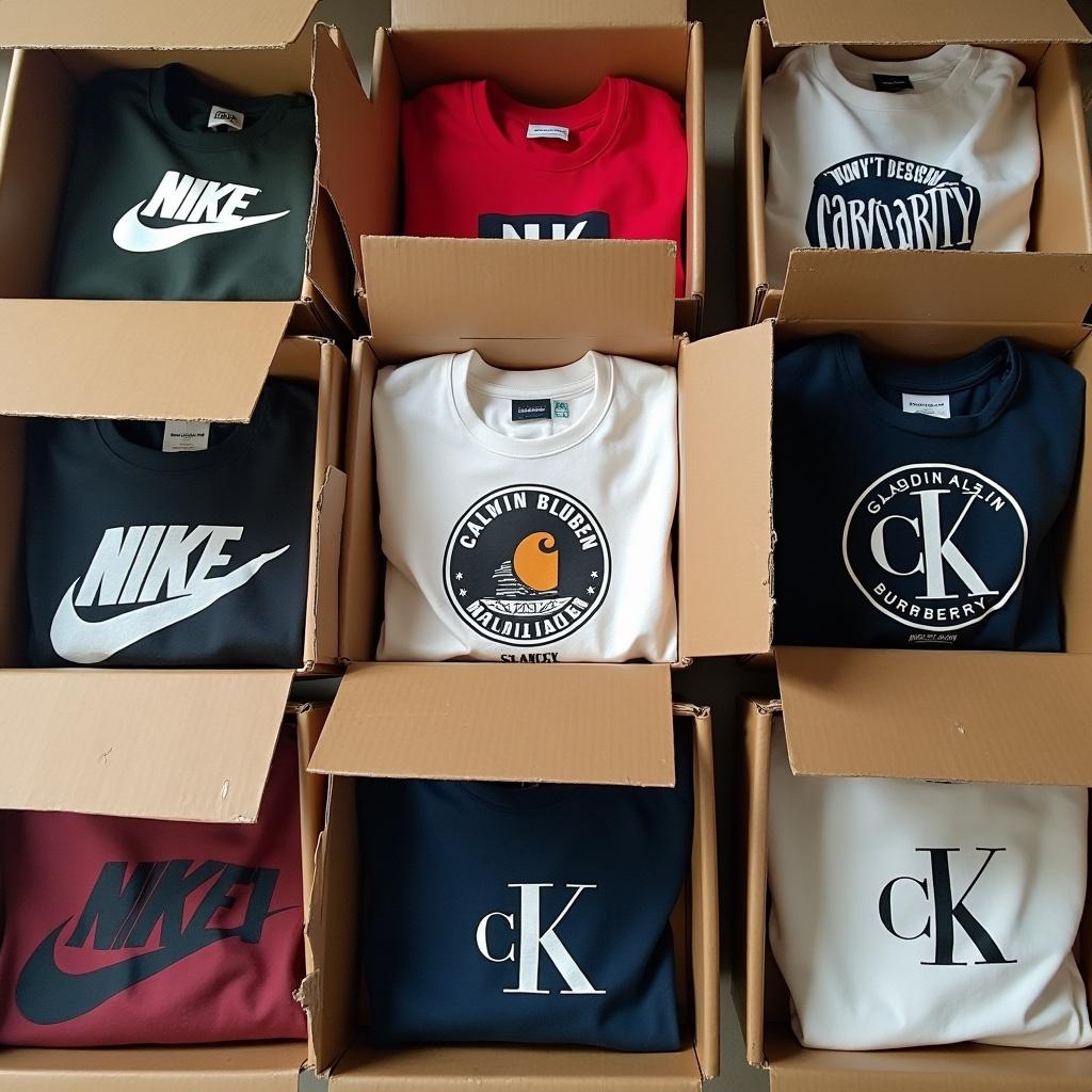 Multiple open cardboard boxes filled with vintage streetwear clothing. Each box has 4 pieces showing brand logos like Nike, Carhartt, Stussy, Ralph Lauren, Burberry, Calvin Klein. Image serves as advertising for mystery boxes.