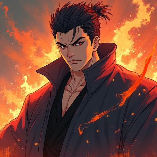Anime character depicted in a powerful stance. Character has a striking expression and spiky hair. Fiery background enhances the intensity. Style resembles Japanese comic KINGDAM.