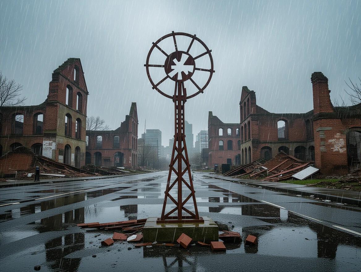 Metal structure in a ruined cityscape under rain. Buildings are in decay. Wet ground reflects the overcast sky.