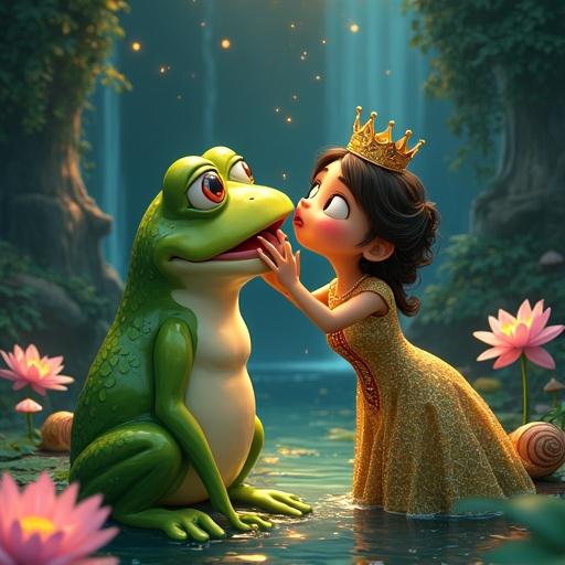 Detailed illustration in Studio Ghibli style shows a shocked frog being kissed by a princess. The frog has bulging eyes and an open mouth. Princess wears a flowing thobe with intricate embroidery. Background features vibrant lotus flowers and waterfalls. Extra humor includes a snail gasping. Artistic style is vibrant and painterly.