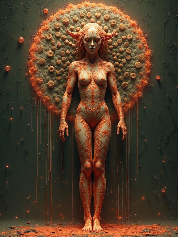 3D illustration of a female figure adorned with body paint and surrounded by a circular pattern on the wall. The figure showcases intricate designs and an otherworldly appearance.