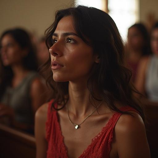 A young woman sitting in a church with a contemplative expression. She looks emotional. Soft lighting enhances her features. The atmosphere is warm and reflective.