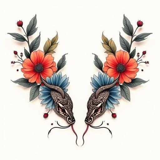 Symmetrical floral tattoo design with a top-down view showing lateral lines. Each line starts at the hips and curves inwards. One line ends with an open flower and the other with a detailed snake head, tongue out. Features vibrant red, orange, and blue flowers with foliage. Bold, elegant, and feminine composition highlighting symmetry.