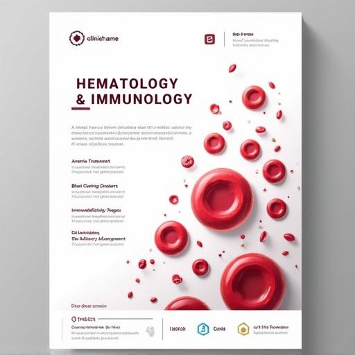 Create a professional medical poster design focused on Hematology and Immunology. Include title in bold at the top center. Use white and light grey background with red and burgundy accents. Feature illustrations of blood cells, microscope, and medical shield icons. Add space for service descriptions like Anemia Treatment and Iron Deficiency Management. Include placeholders for clinic name and contact info at the bottom. Design should be sleek and minimal.