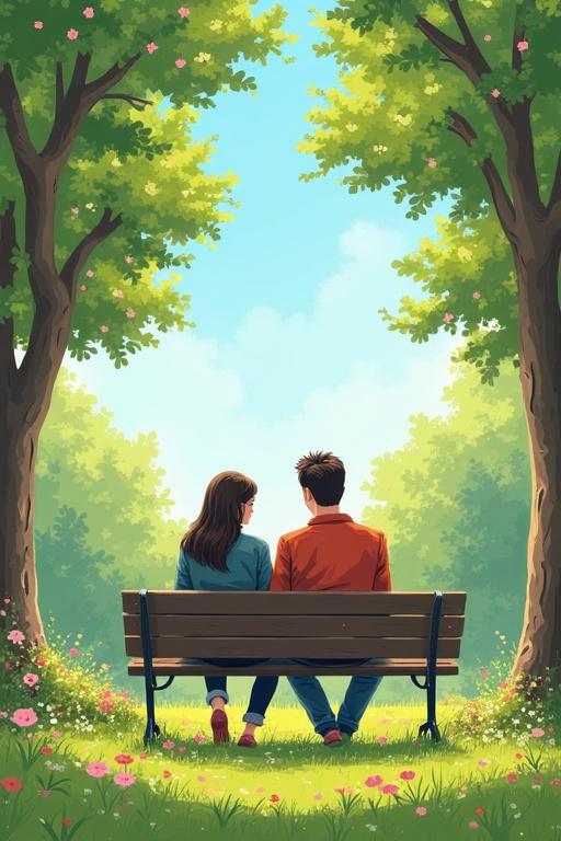 A couple sits together on a park bench. They are in a lush green park full of blooming flowers. The sky above is bright and blue. The couple appears joyful and engaged with one another.