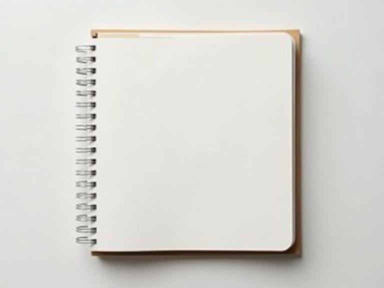 Image of a square notebook with rounded corners. Notebook is blank and placed on a light background. Top view is slightly angled. Spiral binding is visible.