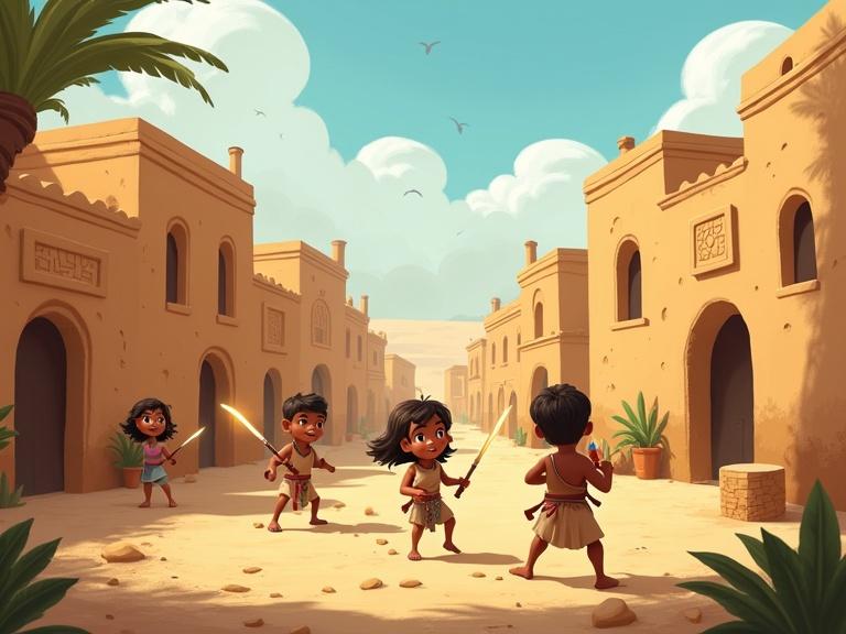 2D cartoon environment depicting a village with mud houses reminiscent of ancient Egypt. Children engaging in playful sword fights in the street with a bright, sunny background.