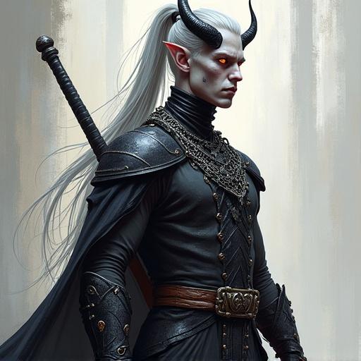 Character design of an imposing male tiefling with ash-gray skin and amber eyes. Features long silver hair and black horns. Wears chainmail and holds a longsword. Portrait style with painterly textures and soft cel shading. Bold colors with dramatic posture.