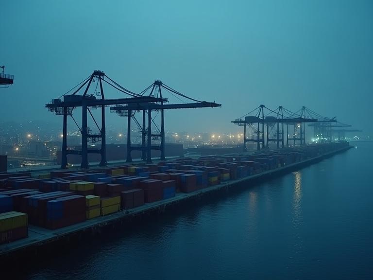 Wide cinematic shot of large industrial cargo port at dusk. Colorful shipping containers neatly stacked along calm river. Massive loading cranes silhouetted by soft light. City lights shimmer in distance. Moody color palette with deep blues. Slight mist in air, soft shadows, no people. High detail and hyperrealistic.
