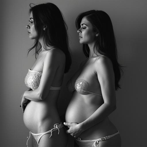 Two pregnant women standing side by side. Women represent maternal health. Black and white photography emphasizes their forms. Expressions evoke strength and resilience. Simple background enhances focus on subjects.
