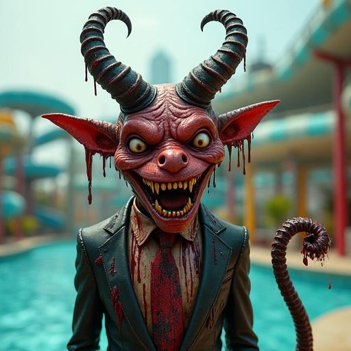 Grotesque slime-dripping nightmare-inducing demon with twisted horns. Exaggerated grin across its face. Skin pulsates in blood-red and black shades. Oozing thick slime. Dressed in bizarre tattered suit soaked in ooze. Stands in modern aquatic park. Long pointed tail writhes like a serpent. Eyes glow with malice. Scene is surreal unsettling eye-catching made to go viral.