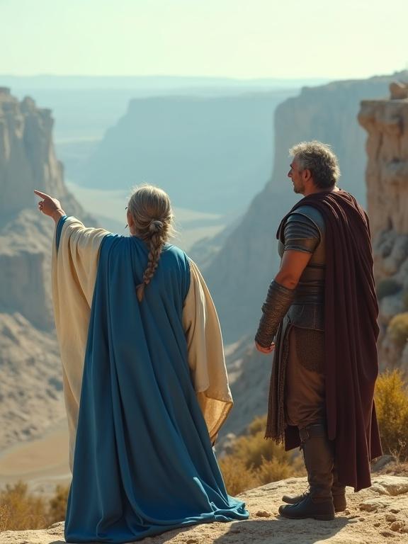 Epic cinematic shot featuring a wise Israelite woman and a military commander. Woman points commandingly at the horizon while standing beside commander. Both dressed in ancient robes and armor. Scene set in a rocky landscape overlooking a vast valley with clear lighting.