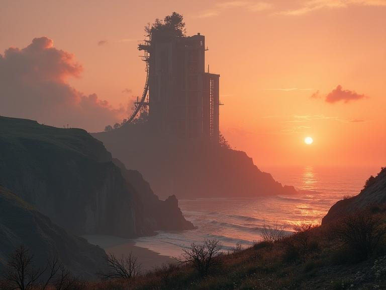 Futuristic ruined citadel stands in a waste land. Hazy atmosphere surrounds the scene. Sun is fading over the horizon during dusk. Landscape shows a half-collapsed brutalist tower engulfed by ivy. Dramatic scenery of cliffs meets the ocean. Sunset casts beautiful colors across the sky.