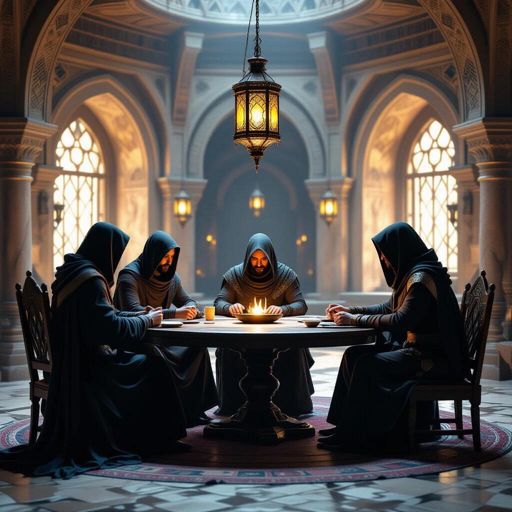 Three Middle Eastern assassins gather around a table inside an ancient medieval chamber. The setting is highly aesthetic and rich in detail. The art style is futuristic digital art. The chamber is illuminated by volumetric lights, creating a captivating atmosphere.