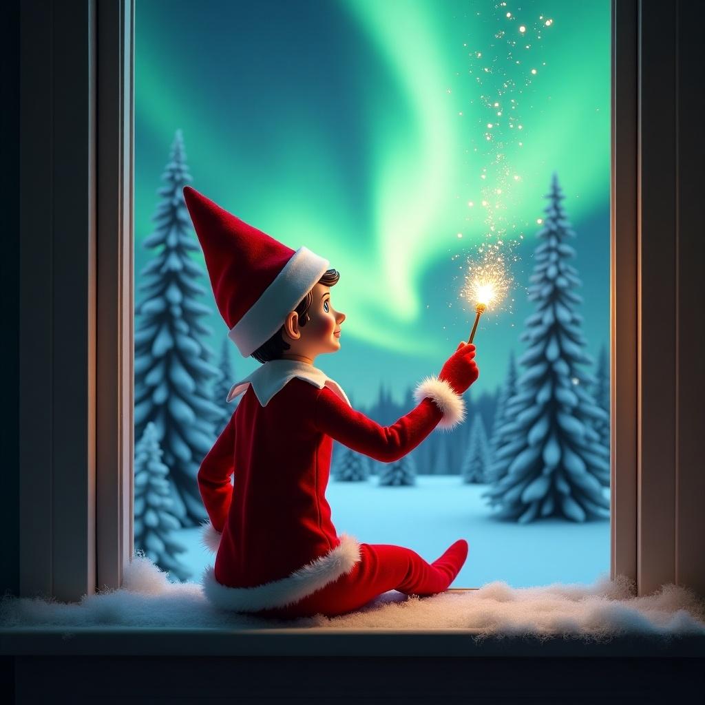 Adorable elf on the shelf sits on a window ledge. Back turned to viewer. Using a magical wand to create twinkling sparks. Looking up at stunning display of northern lights. Background features winter wonderland with snow-covered pine trees. Dressed in vibrant red outfit. Scene embodies Christmas spirit. Colors from aurora borealis enhance magical ambiance. Writes Dear Kress, So sorry for the late arrival.