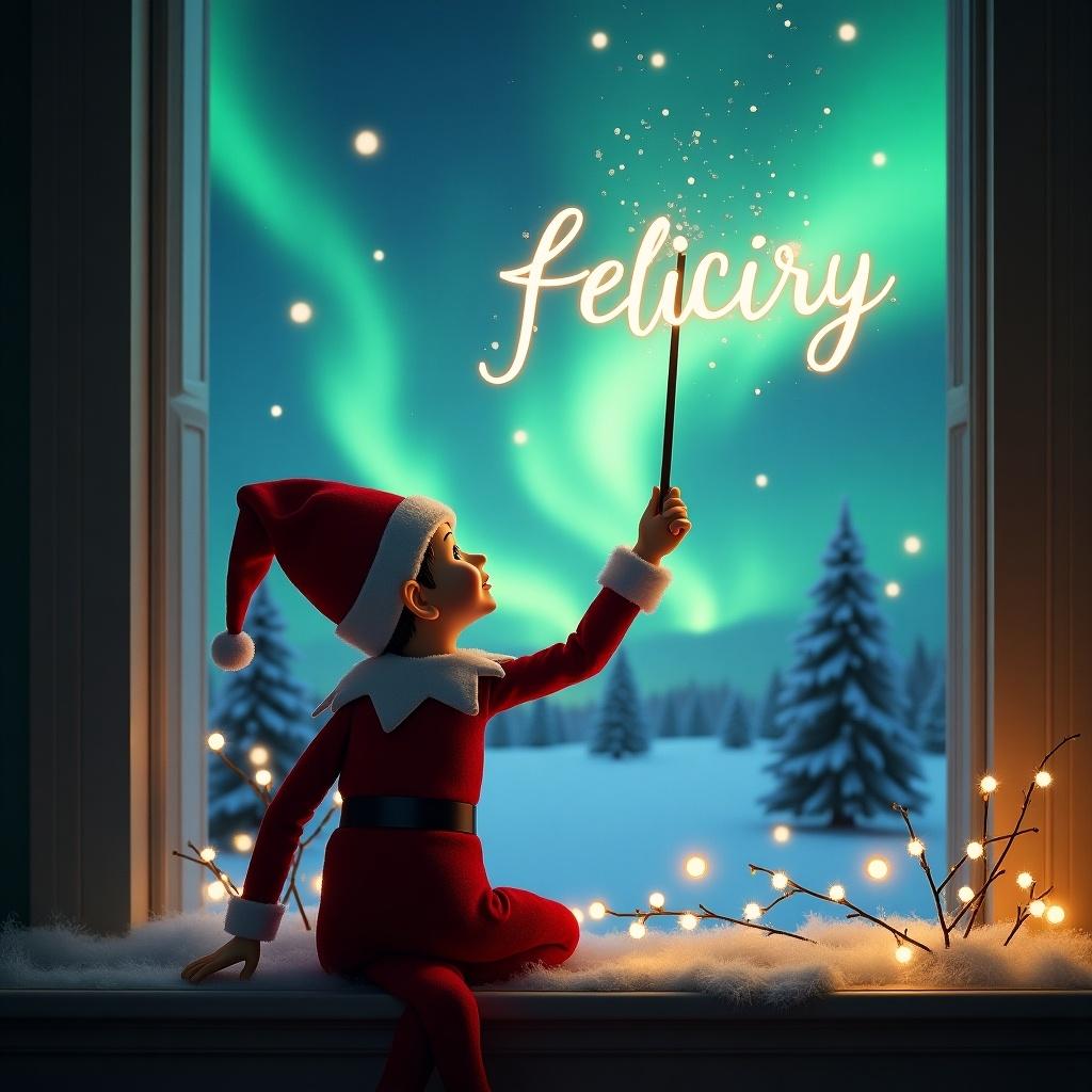 An enchanting Christmas scene featuring an elf with his back to the viewer, gazing at the night sky. He is using a magic wand to write the word 'felicity' in the air. In the background, dazzling Northern Lights dance in the sky, creating a magical atmosphere. The elf, dressed in festive red and white, sits by a frosted window adorned with twinkling lights. This charming image captures the joy and wonder of the holiday season with a whimsical touch.