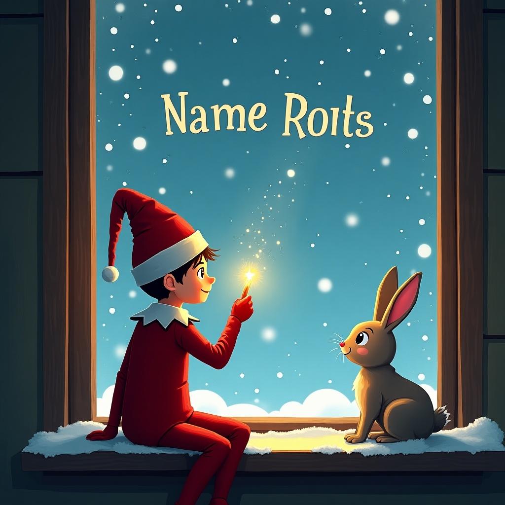 A traditional red elf on the shelf in the North Pole writing names in the sky with a glow stick. A snowy window scene with a curious rabbit watching.