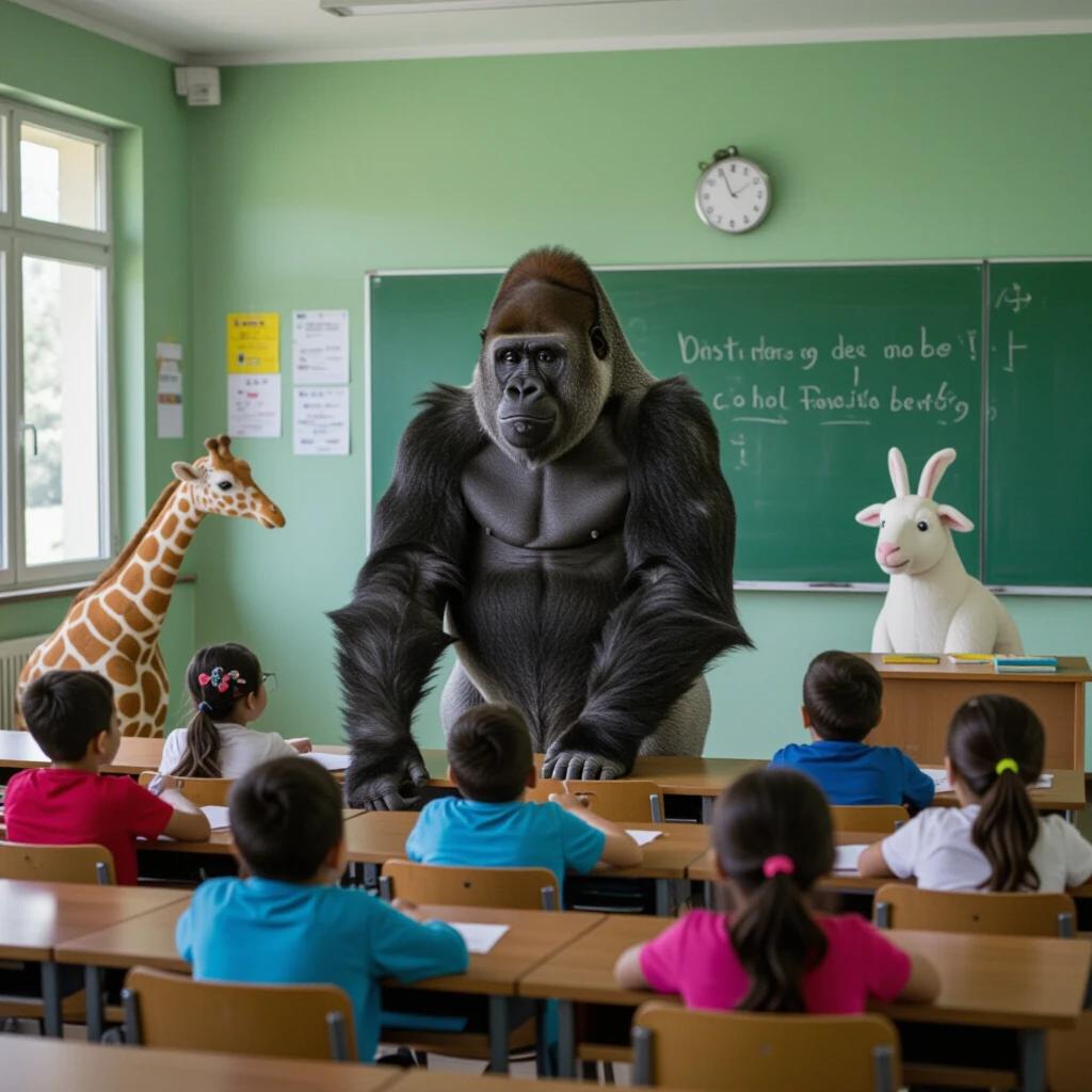 Classroom scene with animals as students. Gorilla portrayed as the teacher. Giraffe and sheep present. Kids seated at desks engaging.