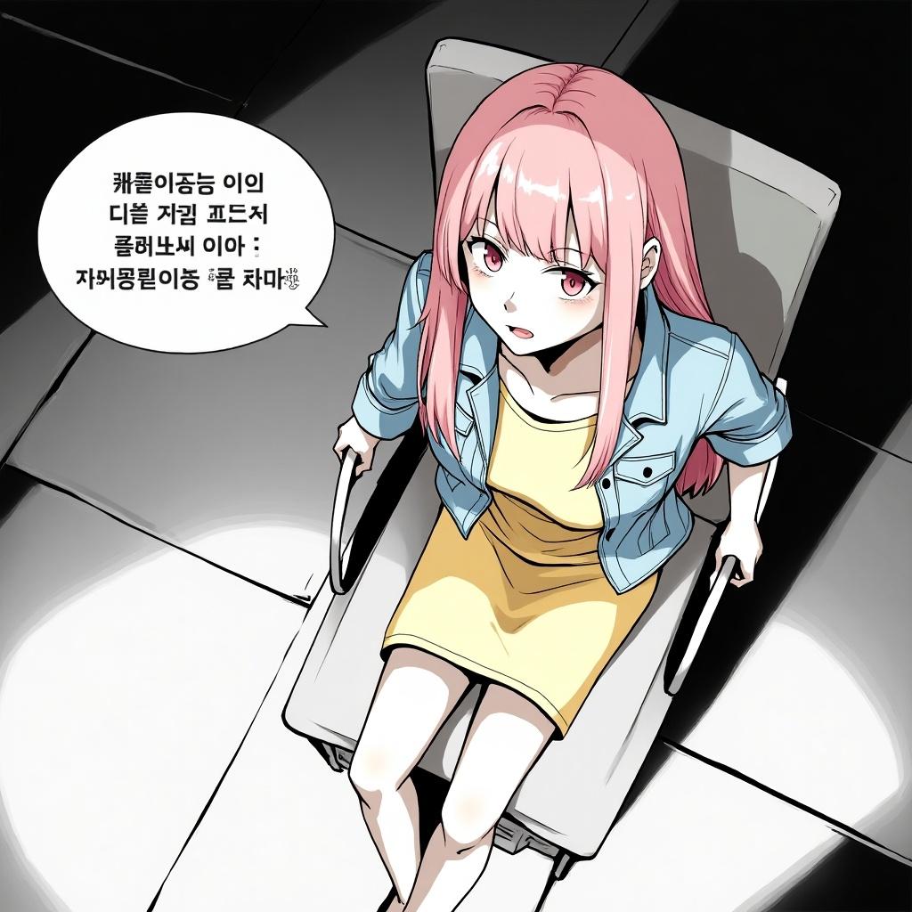 Monochrome anime-style drawing of a girl in a yellow dress. She has long pink hair and pink eyes. A high angle view captures her looking surprised and relaxed. She wears a denim jacket. A chat bubble with Korean text appears in front of her. The background is dark and minimalistic.