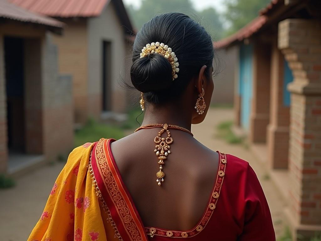 This image showcases a South Indian woman, presumably a mother, captured from the back. She is adorned in traditional attire, highlighting a vibrant combination of red and yellow fabrics. Her dark skin contrasts beautifully with the intricate gold jewelry she wears, including a hairpiece and earrings. The setting appears to be a village environment, adding to the cultural depth of the image. The focus is on her elegant hairstyle and the detailed craftsmanship of her ornaments.