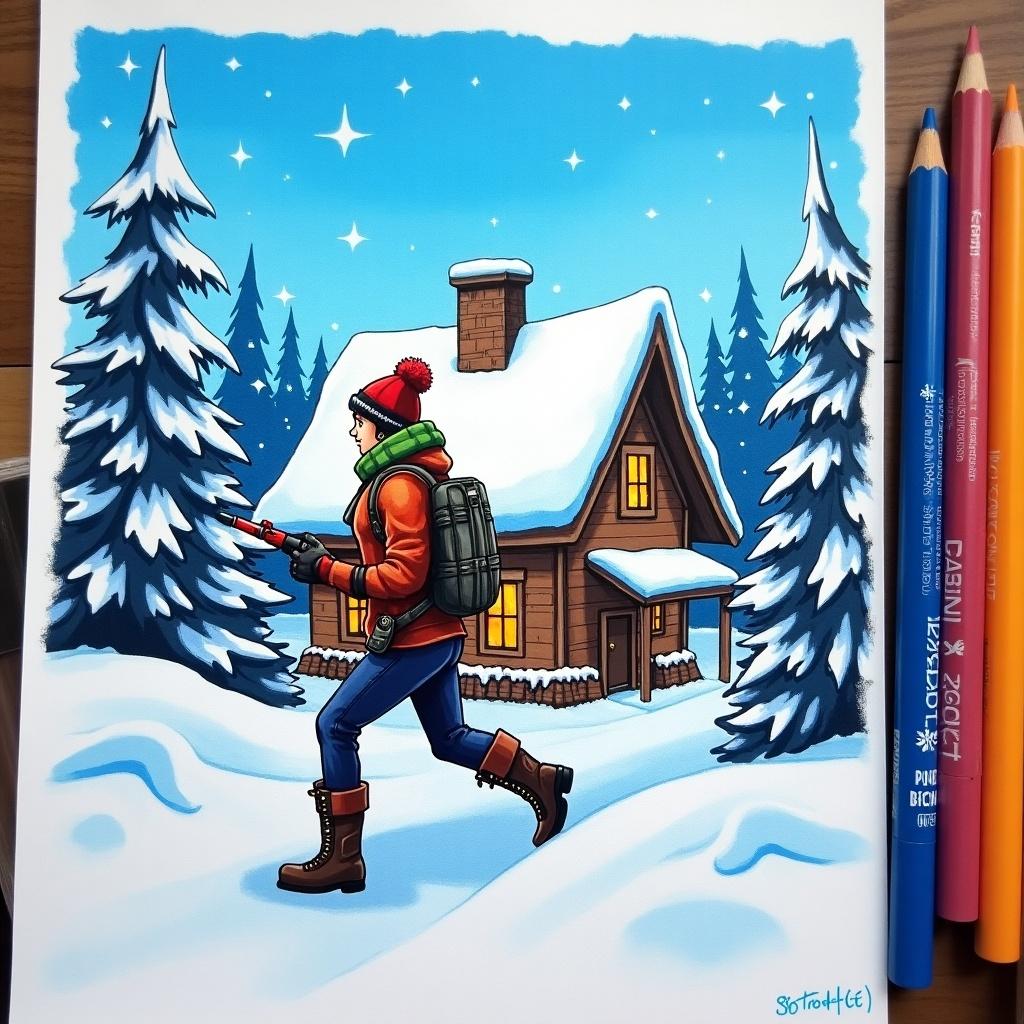 Create a winter adventure scene featuring a teen walking in a snowy landscape. Use colored pencils and markers to illustrate the scene with a cozy cabin, pine trees, and a bright blue sky.