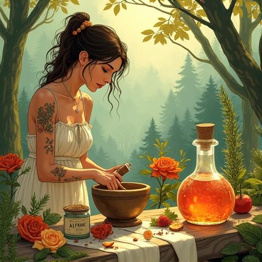 Whimsical illustration of a goddess preparing herbal infusion. Warm earthy tones blend with soft greens and golds. She grinds herbs in a clearing surrounded by flowers and jars. A glowing apothecary bottle labeled 'ALFRUNO' sits nearby. The style is reminiscent of watercolor with bold lines, evoking tranquility and beauty.