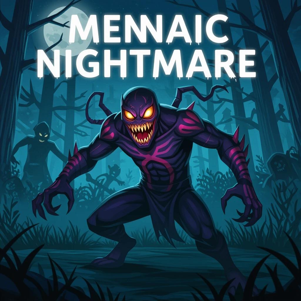 A menacing creature resembling a horror character. The creature has a grotesque appearance with sharp teeth and glowing eyes. Dark forest background with eerie lighting. Emphasize the frightening aspect of the creature.