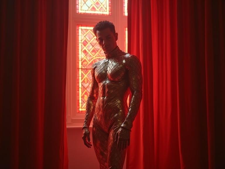 Proudly wearing a phallic suit made of stained-glass windows. Crimson curtains surround the figure. The image showcases chiaroscuro lighting, cinematic film still style, with photorealistic qualities. Film grain and vignette effects enhance the ambiance, featuring sci-fi elements akin to silver nitrate photography.