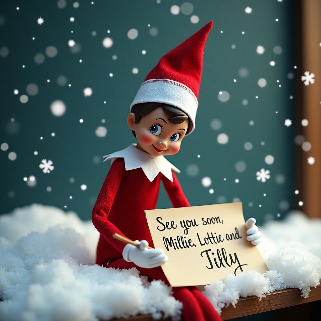 The image depicts the iconic Elf on the Shelf sitting on a snowy surface. The elf, dressed in a red outfit with a pointed hat, holds a sign that reads, 'See you soon, Millie, Lottie, and Tilly.' Snowflakes gently fall around the elf, creating a magical winter atmosphere. The background features a soft green color that emphasizes the festive theme. This charming scene captures the essence of holiday spirit and excitement for the upcoming season.