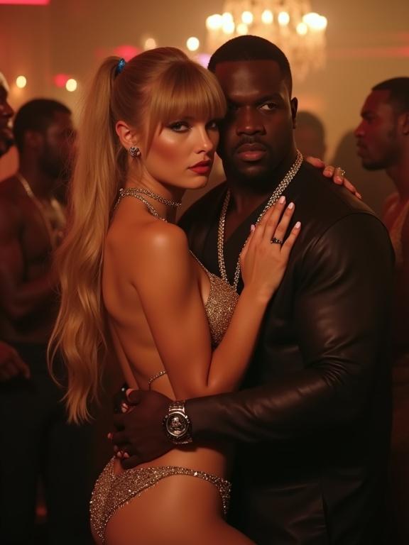 Scene in a nightclub featuring a couple. Woman has long blonde twintails and blue eyes. Woman is in a gold pushup bikini and high heels. The man is an older black rapper. They are close together. Woman looks intoxicated and flushes. They are dancing energetically with others nearby.