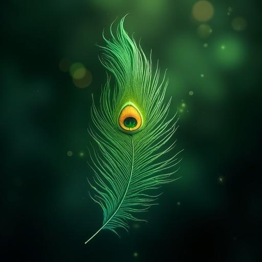A magical phoenix feather in vibrant green shades, elegant shape, intricate patterns, with a glowing eye-like design at the center. The feather has fine barbs, radiating magical light, surrounded by soft particles. The background is dark and blurred, highlighting the feather's aura. High-fantasy style with detailed and natural appearance.