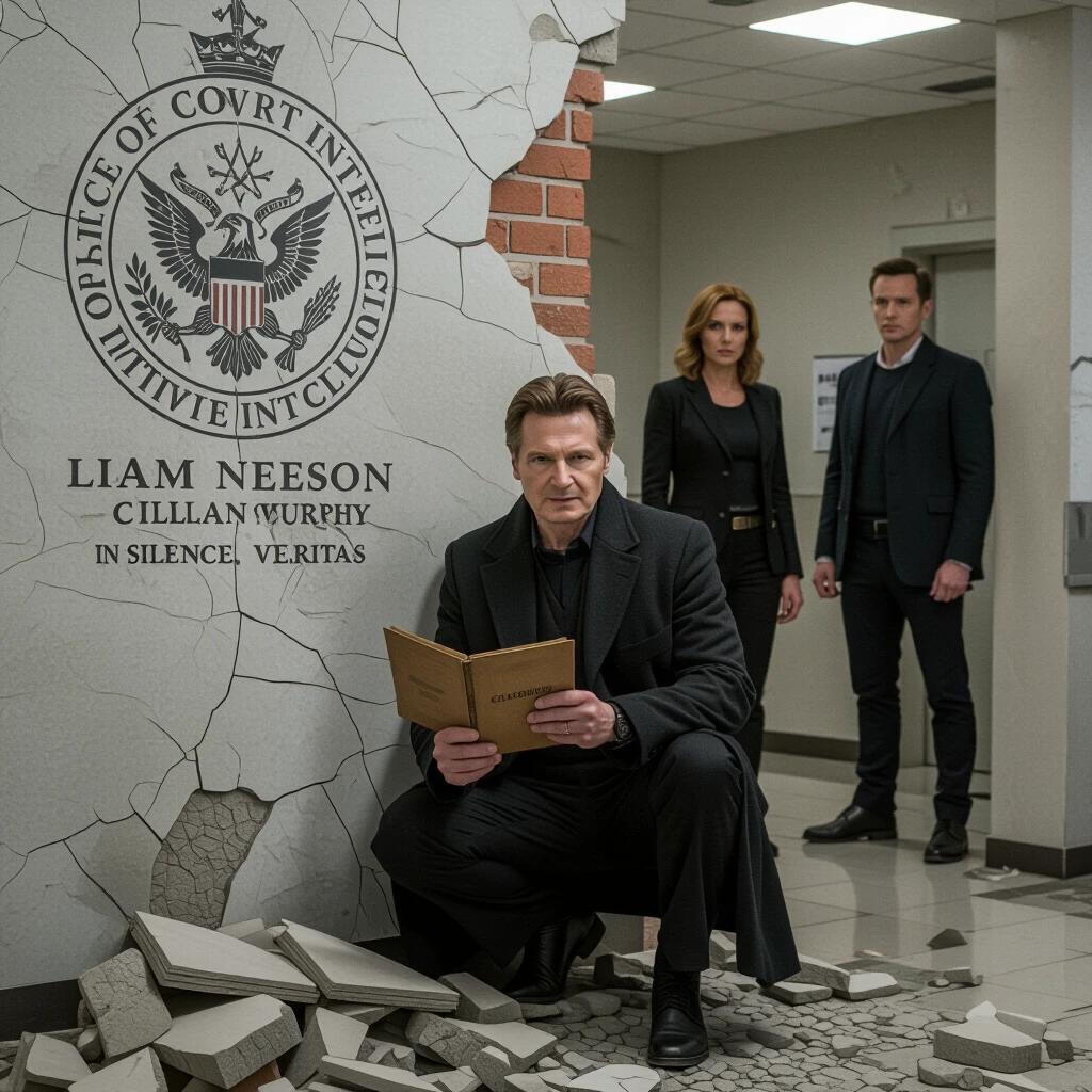 Liam Neeson crouches near a cracked wall with an emblem of the Office of Covert Intelligence. He reads a dossier labeled Classified. Behind him, Rebecca Ferguson and Cillian Murphy stand in a guarded manner facing opposite directions. The setting is an intelligence control room in disrepair, with steel walls and inactive monitors. The lighting creates a dim atmosphere with sepia undertones.