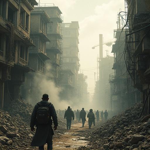 First person perspective in a devastated urban landscape. City resembles skeletal remains with rubble and twisted metal. Smoke obscures the sun. Groups of people show a range of emotions, some weeping and others searching through debris.