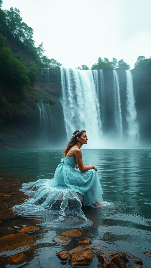 A serene image depicting a woman in an elegant turquoise gown sitting on rocks near a majestic waterfall. The cascading water forms a dreamy backdrop, with mist rising subtly into the lush greenery that frames the scene. The overall ambiance is calming and ethereal, suggesting a moment of contemplation and unity with nature.