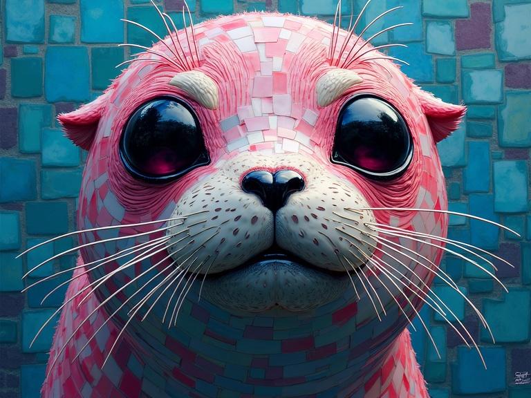 Vibrant 3D portrait of a stylized seal. The seal features a pink and black color scheme with large expressive eyes. Created using iridescent ceramic tiles and mixed media.