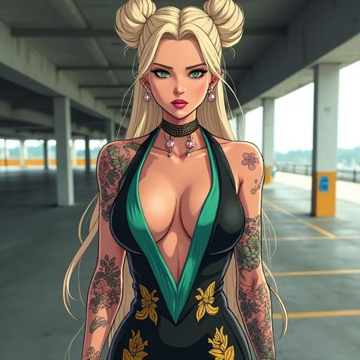 Anime character in a futuristic setting. Woman, 59 years old, with emerald green eyes and a beautiful face. Light blonde French bun hairstyle. Light pink diamond jewelry. Super futuristic and hi-tech elements. Half Japanese and half Saiyan descent. Tall with big breasts and muscular arms. Features a cybernetic right leg. Wearing an elegant business dress. Standing in a modern luxurious parking lot. Colorful traditional Japanese tattoos. Late afternoon lighting.