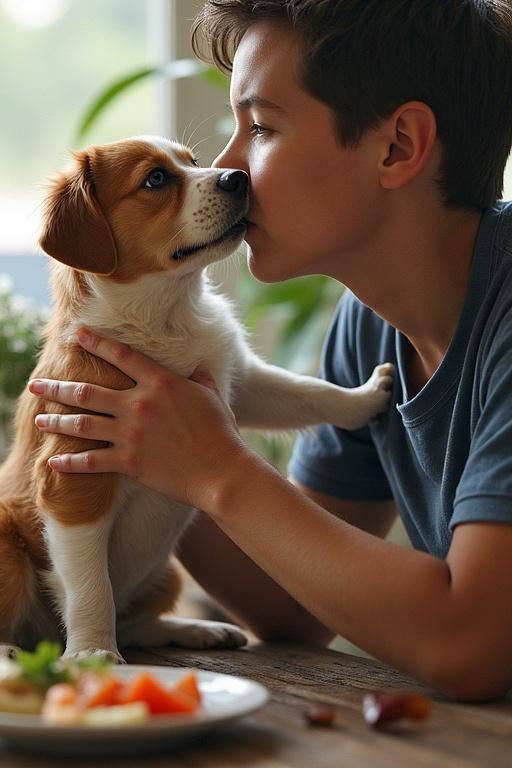 A person lovingly interacts with a dog in a cozy indoor setting. The person shows affection to the dog while sitting at a table with food items.