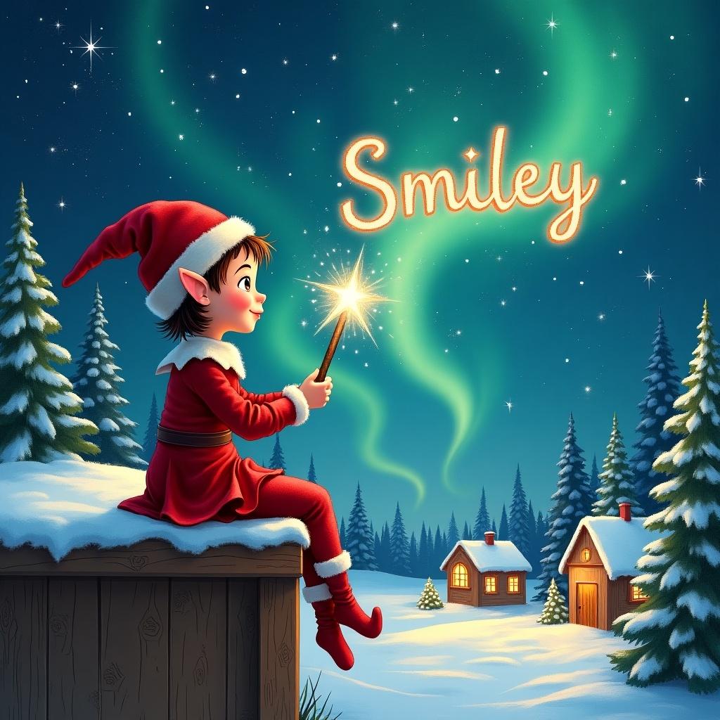 Elf sits on wooden ledge gazing at magical sky. Dressed in red with a pointed hat. Holds sparkling wand writing 'Smiley' in stars. Scene shows snowy landscape, charming houses, evergreen trees under Northern Lights. Captures childhood magic and Christmas cheer.