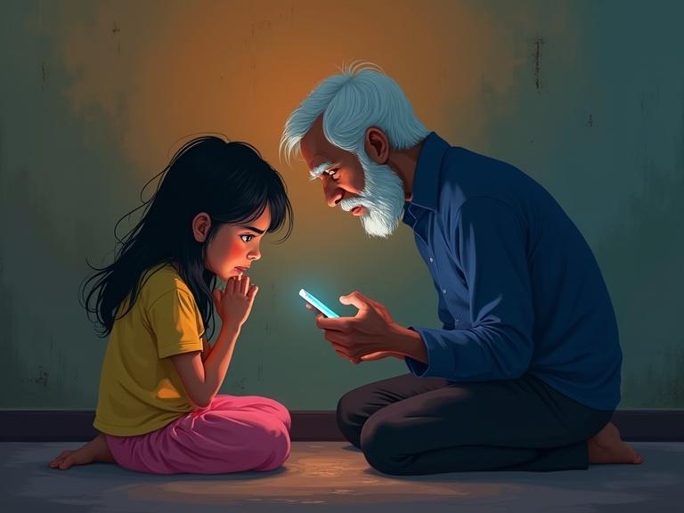 Cinematic dark mood-style illustration shows a young girl with long black hair in yellow shirt and pink skirt. She sits on the floor looking distressed, hands clasped. An older Indian man with white hair in blue shirt kneels beside her, showing her a smartphone with blue screen. Background has textured wall with warm orange gradient at the top fading to cool blue-green at the bottom. The scene reflects a tense emotional atmosphere with clean lines and subtle shading.
