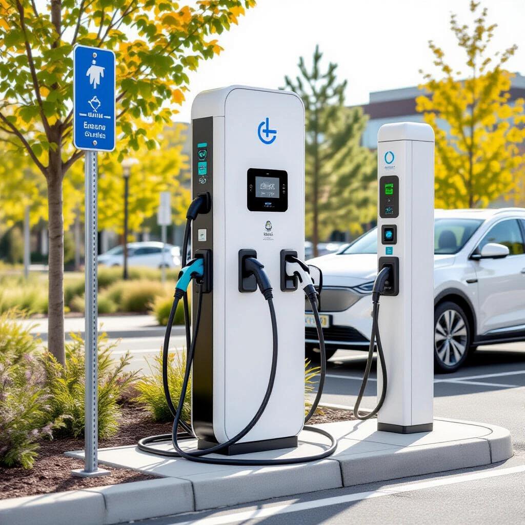 Standalone electric vehicle charging station called Electrum. Features three double-sided Level 3 chargers. Positioned in a parking lot with clear blue skies.