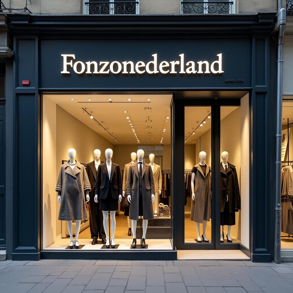 Image of a fashion store named Fonzonederland. Stylish mannequins display a variety of clothes. The store has a modern design and inviting storefront. Bright lighting enhances clothing details. Represents contemporary fashion retail.