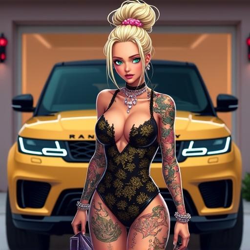 Anime woman with emerald green eyes standing in a mega mansion garage beside a futuristic Range Rover. She has a light blonde bun and wears elegant light pink jewelry. Her tattoos are colorful and traditional Japanese. She has a cybernetic leg and wears a punk rock dress. Luxurious setting in a gated community during summer night.