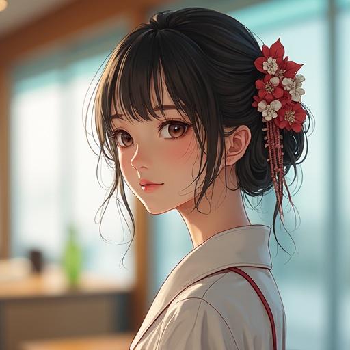 Portrait of a girl in traditional Japanese attire. Soft features and hairstyle with a flower accessory. Warm tones and natural light create a serene atmosphere.