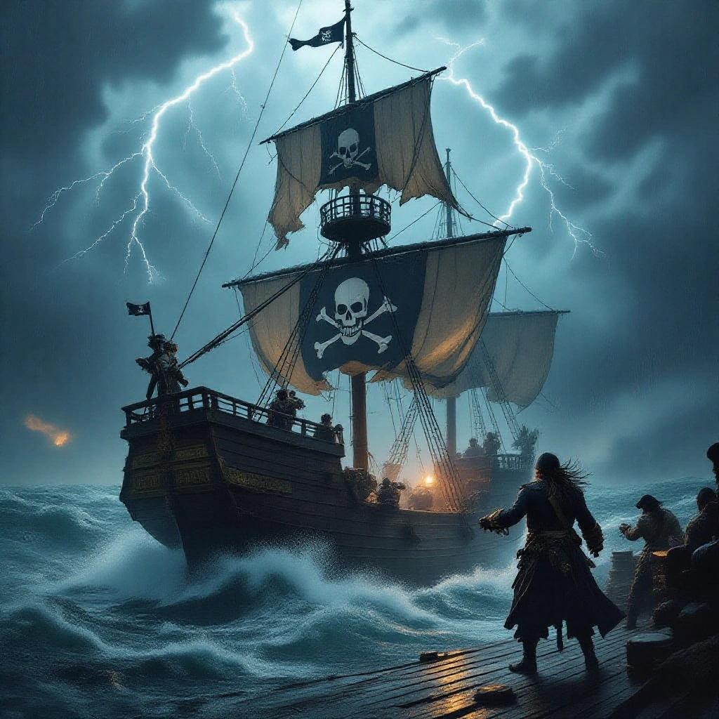Realistic pirate ship with torn sails sails through violent storm. Huge waves crash against wooden hull. Lightning lights dark cloudy sky. Skull symbol faintly visible on sails. Pirate captain in long dark coat commands crew securing ropes and cannons. Dramatic, stormy atmosphere with strong wind, rain, and intense lighting effects.